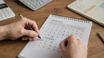 En person sitter ved et skrivebord og skriver i en notatbok med en kalender i bakgrunnen. Kalenderen viser den siste dagen i måneden, som representerer den endelige verdsettelsen eller registreringen av en eiendel.