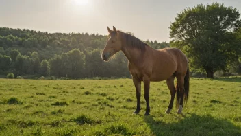 En hest som står i en grønn eng, ser glad og frisk ut, med en solfylt himmel i bakgrunnen.