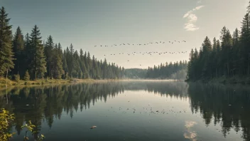 Et fredelig landskap med en skog, en innsjø og noen fugler som flyr i luften, med et subtilt lydbølge mønster i bakgrunnen.