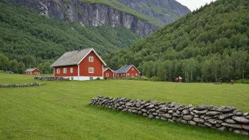 En person som står foran en tradisjonell norsk gård, representert odelsbondens tilknytning til eiendommen.