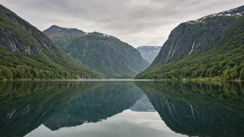 En vakker sjø i Norge med stille vann og en imponerende bakgrunn av fjell og trær