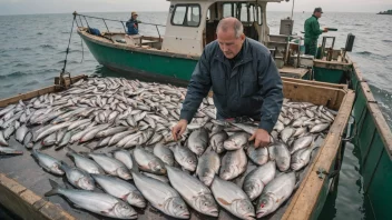 En fiskebåt med en stor fangst av fersk fisk, med en kvalitetskontrollør som undersøker fisken.