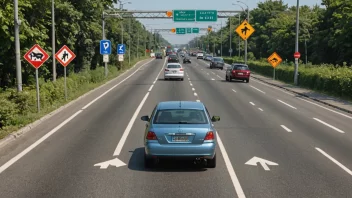 Et bilde som viser en bil som kjører på en vei med trafikkskilt og regler fremtredende.