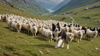 En norsk gjeterhund gjeter sau i et vakkert fjellandskap.