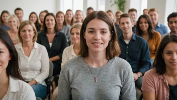 En person med en åpen og lett tilgjengelig holdning, omgitt av mennesker som er komfortable og avslappet.