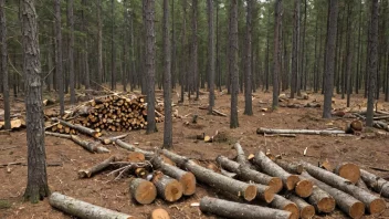 En skog med trær som blir felt og bearbeidet for kommersielle formål.