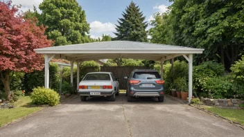 En carport med en bil parkert inni, ved siden av et hus med en hage