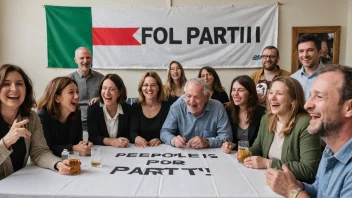 En gruppe mennesker fra ulike bakgrunner og aldre samlet rundt et bord, diskuterer og ler sammen, med et stort banner eller flagg i bakgrunnen med ordene 'Folkeparti' skrevet på det.