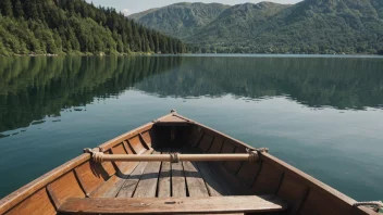 En robåt med årer i vannet, med en naturskjønn bakgrunn av en innsjø eller hav.