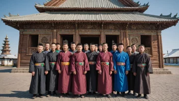 En gruppe kalmukker i tradisjonelle klær, stående foran et buddhistisk tempel i Kalmukkia, Russland.