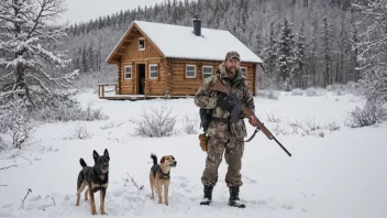 En person i jaktutstyr, stående i et snølandskap med en rifle og en hund, med en hytte i bakgrunnen.