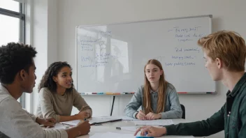 En gruppe unge mennesker samlet rundt et bord, engasjert i en diskusjon, med en whiteboard eller presentasjonsskjerm i bakgrunnen.