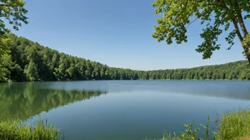 Et fredelig landskap med en stille innsjø, omgitt av frodige grønne trær og en klar blå himmel.