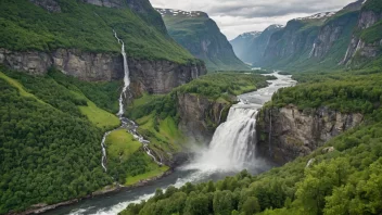 Valestrandsfossen, et åndeløst naturskjønt område i Norge, med en storslått foss eller elv, omgitt av frodig grønnskap og majestetiske fjell.