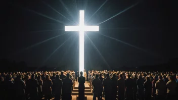 En kirke med et stort kors og en menighet samlet rundt det, som symboliserer kirkens formål og mål.