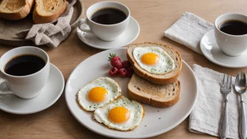 En tradisjonell norsk frokosttallerken med egg, kaffe og brød.