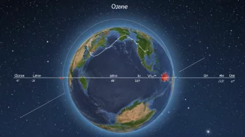 En illustrasjon av jordens atmosfære med et lag av ozon (O3) molekyler, med en graf i bakgrunnen som viser målingen av ozonverdier.