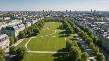 En by med en stor park eller grøntområde, hvor mennesker driver rekreasjon.