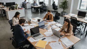 En gruppe mennesker som jobber sammen på et prosjekt, med laptoper og papirer spredt rundt dem, i et moderne kontormiljø.