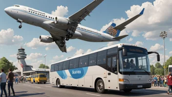 Et bilde av en flytransporttjeneste, som viser et fly og en buss eller skyttel.