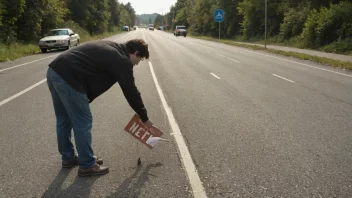 En person i refleksvest som skifter et skilt på en vei med et nytt.