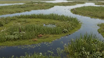 Et sivbelte, en type våtmark, med høye gress og planter, og en rekke dyr som fugler, fisk og insekter som lever i det.