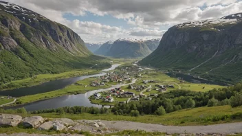 Et malerisk landskap av en norsk dal eller landsby med et synlig skilt eller kart som viser navnet 'Oppedals'.