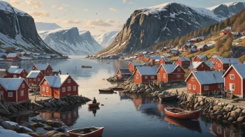 En fargerik illustrasjon av en norsk fiskeby med båter og fiskere i forgrunnen og en fabrikk og hus i bakgrunnen.