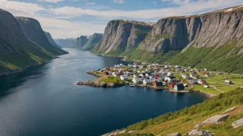 En pittoresk landsby i Norge med tradisjonelle hus og en storslagen natur.