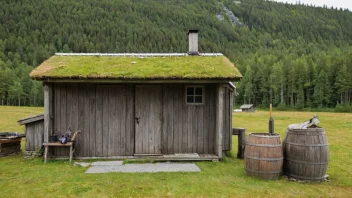 En tradisjonell norsk gård med et stort uthus og en trevegg.