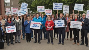 En gruppe lærere som protesterer utenfor en skolebygning.