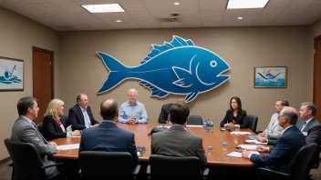 En gruppe mennesker i et konferanserom, med en stor fiskelogo på veggen, som representerer en organisasjon for fiskeindustrien.