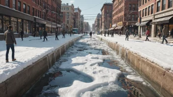 Et bilde av snø som smelter i en by, med vann som flyter gjennom gatene og mennesker som går i bakgrunnen.