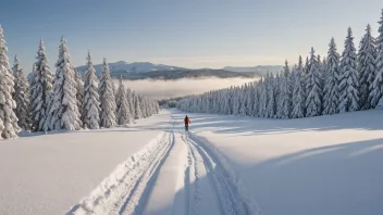 Et fredelig vinterlandskap med en skiløper i det fjerne