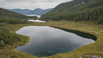 Et fredelig landskap med en saltkilde eller en saltvannskilde i forgrunnen, omgitt av norske fjell og vegetasjon