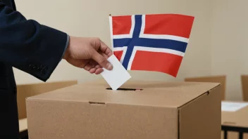 En person avgir stemme i en stemmeboks, med et norsk flagg i bakgrunnen.