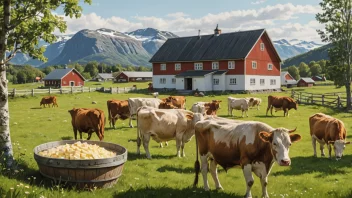 En idyllisk norsk meieri med kuer på beite og en smørkvern i forgrunnen.