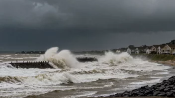 En stormflo som oversvømmer et kystområde.