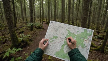 En person traserer en ny sti gjennom en tett skog, med kart og kompass som navigasjonshjelpemidler.