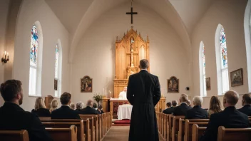 Et bilde av et kapell eller en kirke med en prest eller en kapellan i forgrunnen.