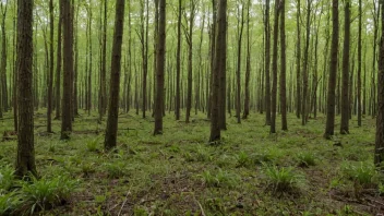 En skog med undervegetasjon og ryddede områder.