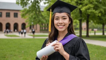 En student i en eksamenshue og kappe, som holder et diplom, med et universitetscampus i bakgrunnen.