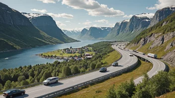 Et bilde av en motorvei i Norge med ulike kjøretøy, som viser landets effektive vegtransportystem.