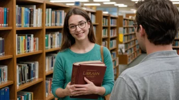 En person lånar en bok fra et bibliotek, med en vennlig bibliotekar i bakgrunnen, omgitt av bokhyller.