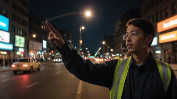 En person som dirigerer trafikken med en lommelykt, med en bakgrunn av en bygate om natten.