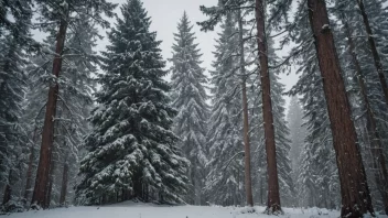 En stor, gammel granstamme som står alene i en snødekt skog.