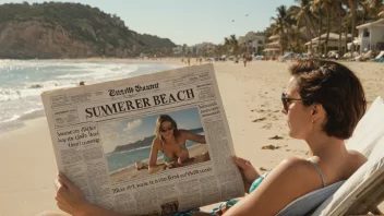 En person leser en avis med en sommer-tematisk overskrift, med en solfylt strand i bakgrunnen.