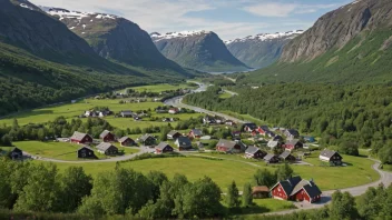 Et idyllisk landskap i Norge med tradisjonelle hus og en fredelig atmosfære.