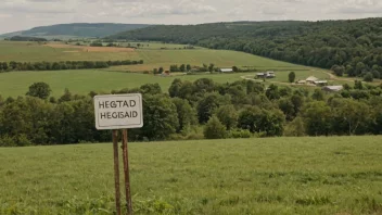 Et idyllisk landskap med en gård eller et område i bakgrunnen, med en tydelig skilt eller merke med navnet 'Hegstad'