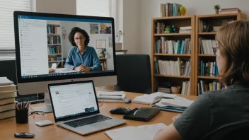 En student som studerer på avstand, med et virtuelt klasserom på dataskjermen.